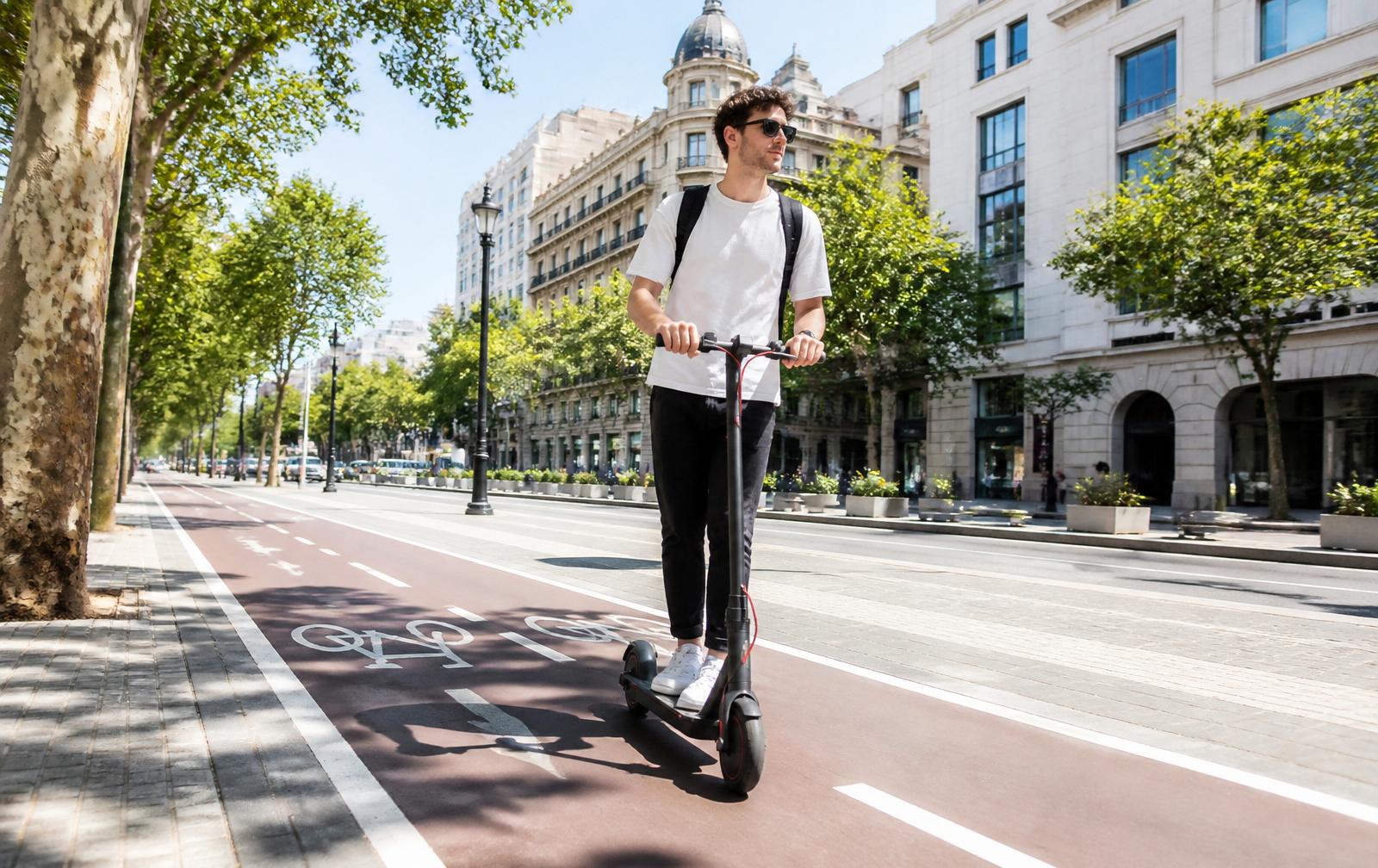 Persona con patinete eléctrico en carril bici urbano